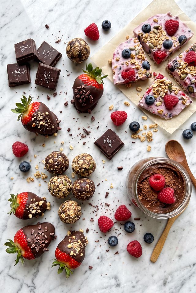 An assortment of low-calorie desserts including yogurt bark, chocolate-dipped fruit, and chia pudding arranged on a table