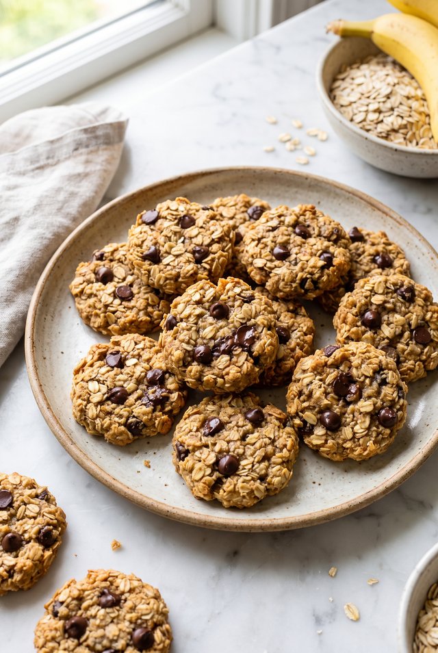 Banana oat cookies studded with mini chocolate chips cooling on a wire rack