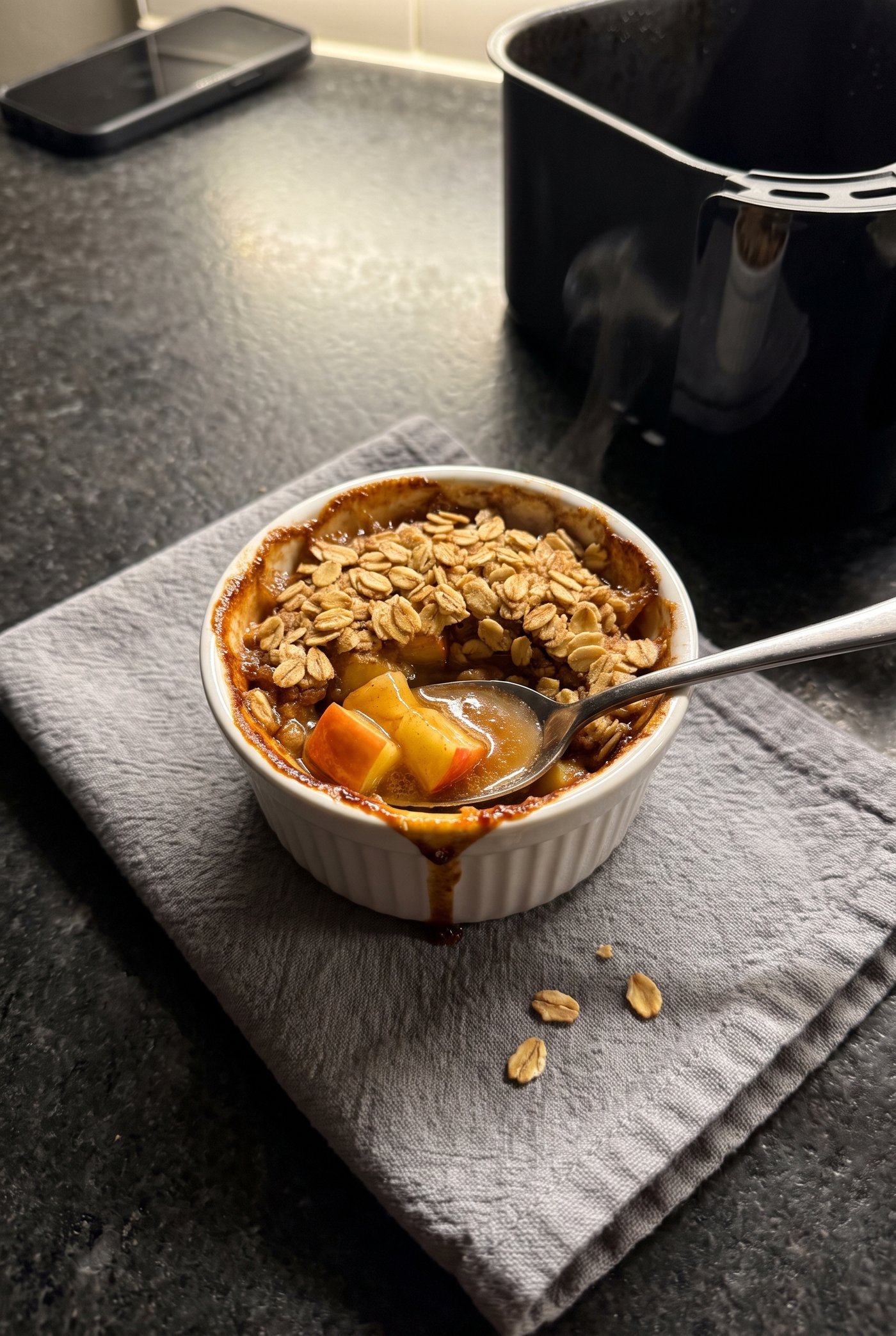 A small white ramekin of apple crisp on a grey kitchen towel at night, a spoon lifting skin-on apple cubes in thick juice from under a layer of loose toasted oats, an air fryer basket behind