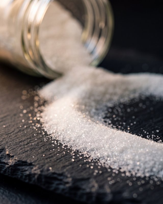 A close macro of fine white sweetener granules spilling from a glass jar onto dark slate