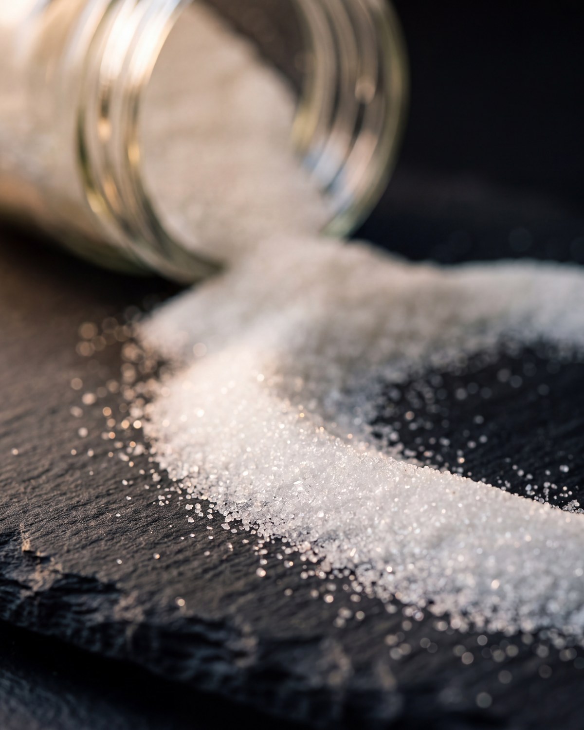 A close macro of fine white sweetener granules spilling from a glass jar onto dark slate