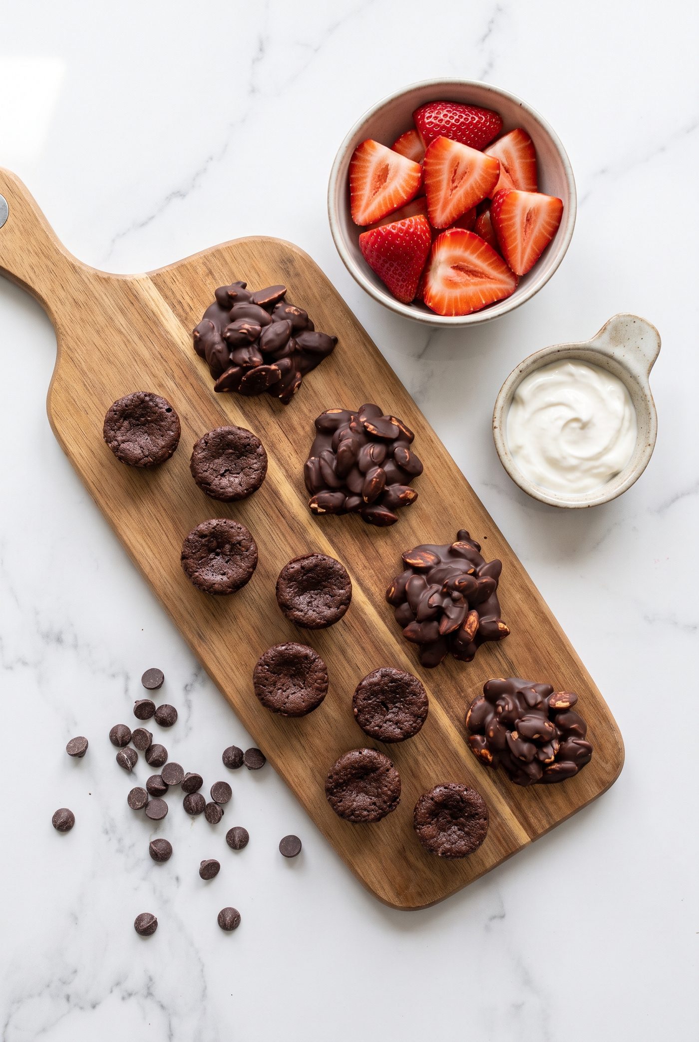 Small brownie bites and chocolate almond clusters on a wooden serving board beside a bowl of halved strawberries and a dish of plain yogurt