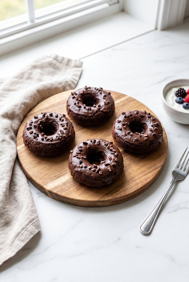 Four glazed chocolate protein donuts topped with cacao nibs on a round wooden board with a bowl of berries and yogurt nearby