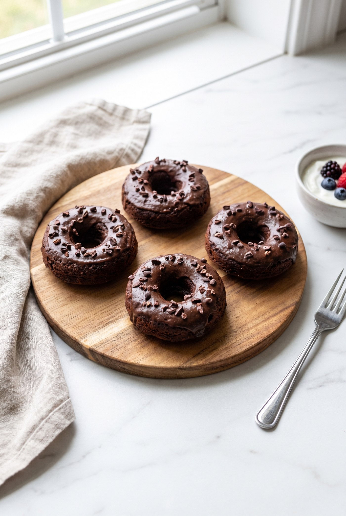 Four glazed chocolate protein donuts topped with cacao nibs on a round wooden board with a bowl of berries and yogurt nearby