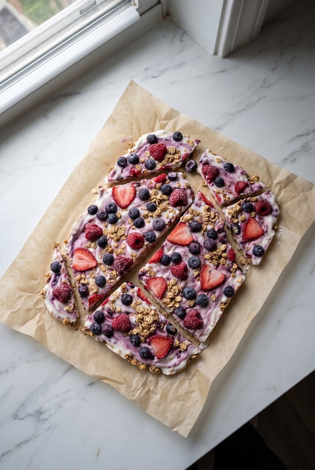 Berry swirled frozen yogurt bark broken into pieces with granola on top