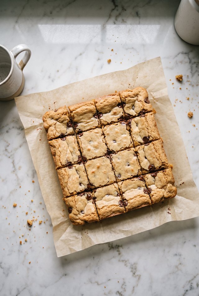 A single microwave blondie in a small ramekin with melted chocolate chips