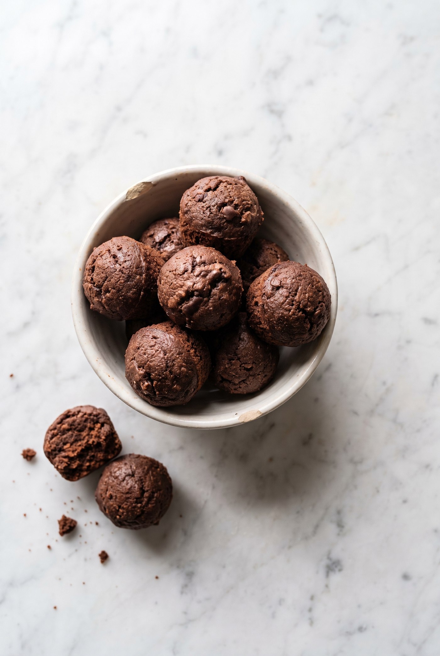 Rolled brownie batter bites dusted with cocoa powder on a plate