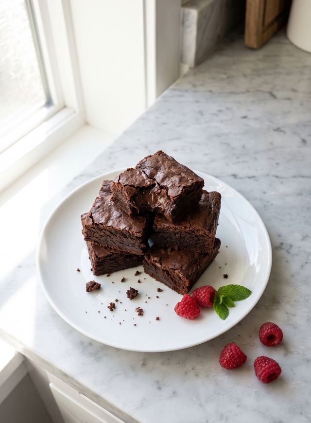 Stack of fudgy 3-ingredient sugar-free brownies made with banana, eggs, and cocoa powder