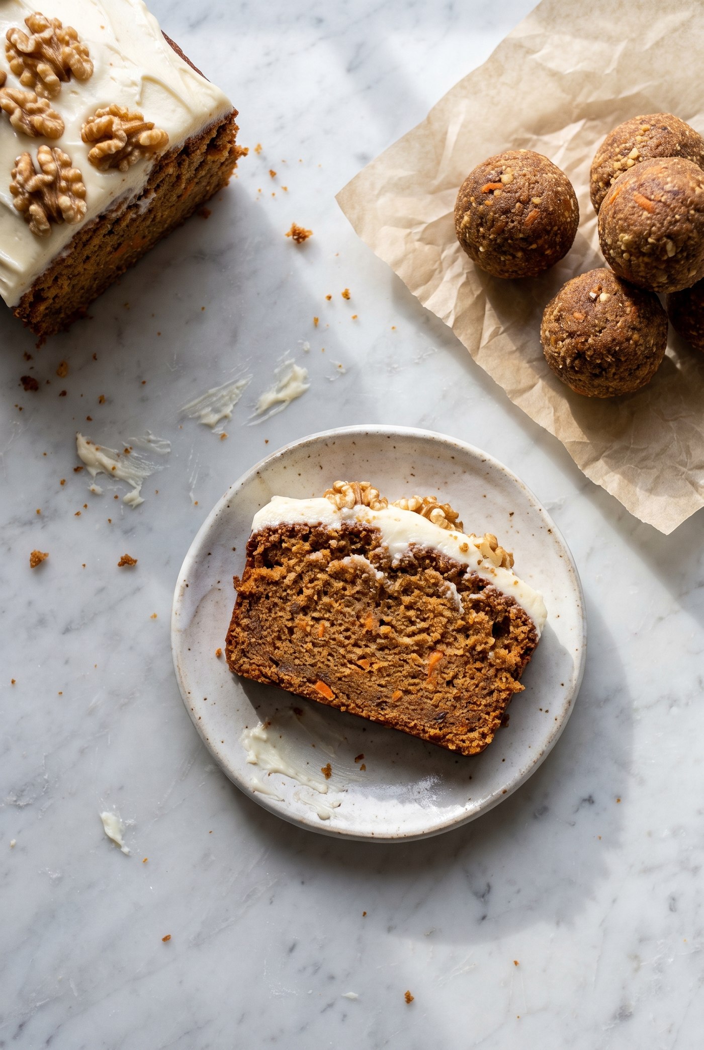 Sliced carrot cake loaf with walnuts and shredded carrot visible in the crumb