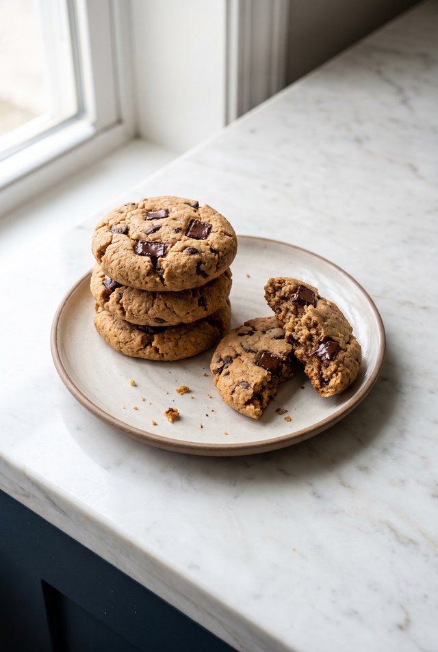 Stack of three chocolate chip protein cookies with a broken cookie in front showing the soft, chewy center