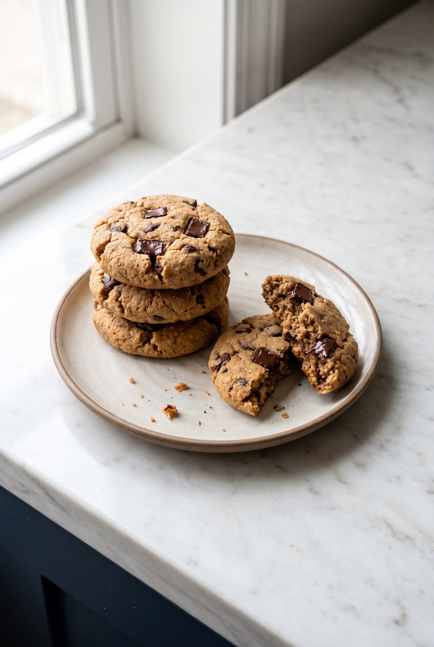 Stack of three chocolate chip protein cookies with a broken cookie in front showing the soft, chewy center