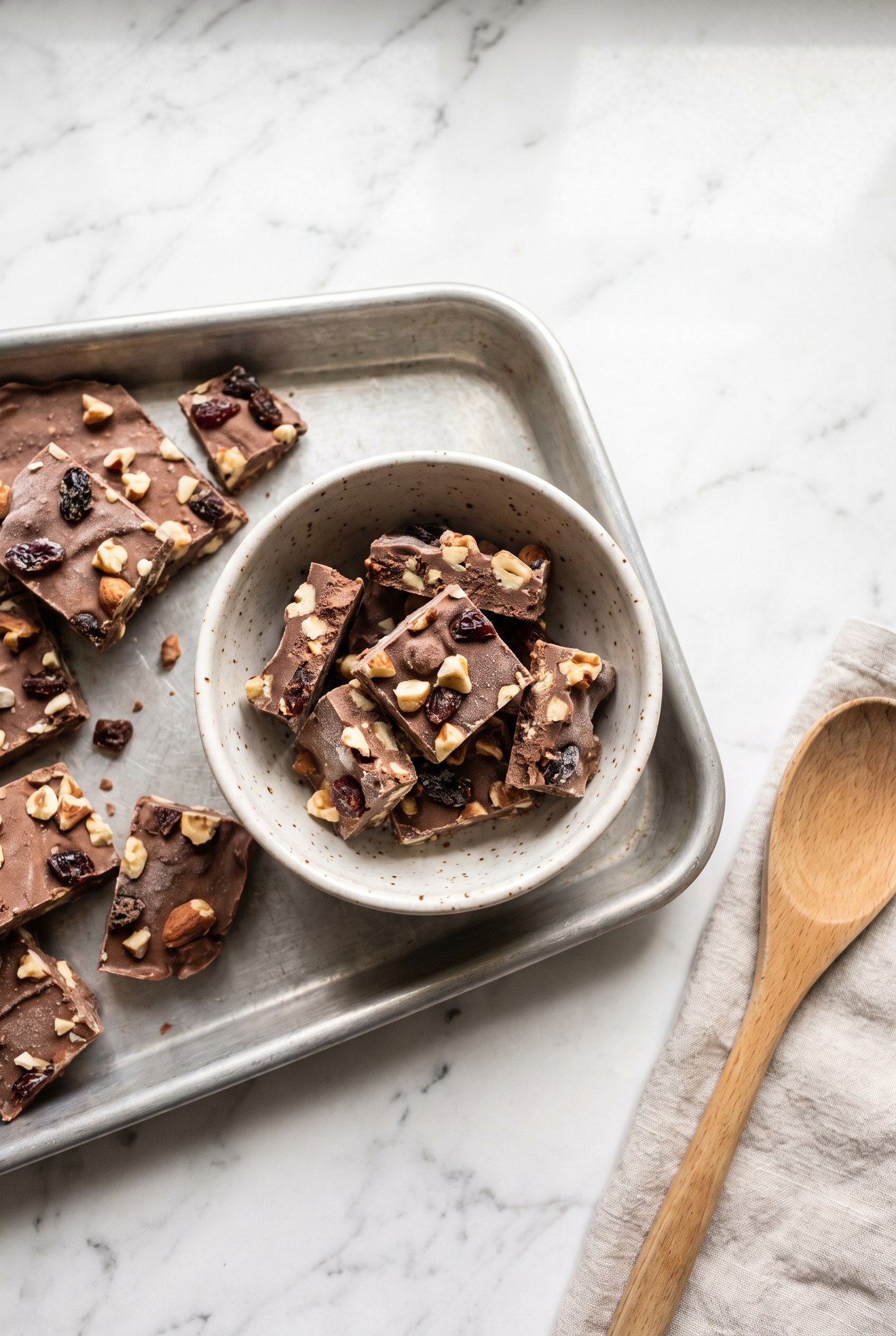 Broken pieces of chocolate frozen yogurt bark with chocolate chunks visible