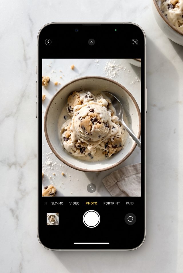 A bowl of protein soft serve swirled with cookie dough bits
