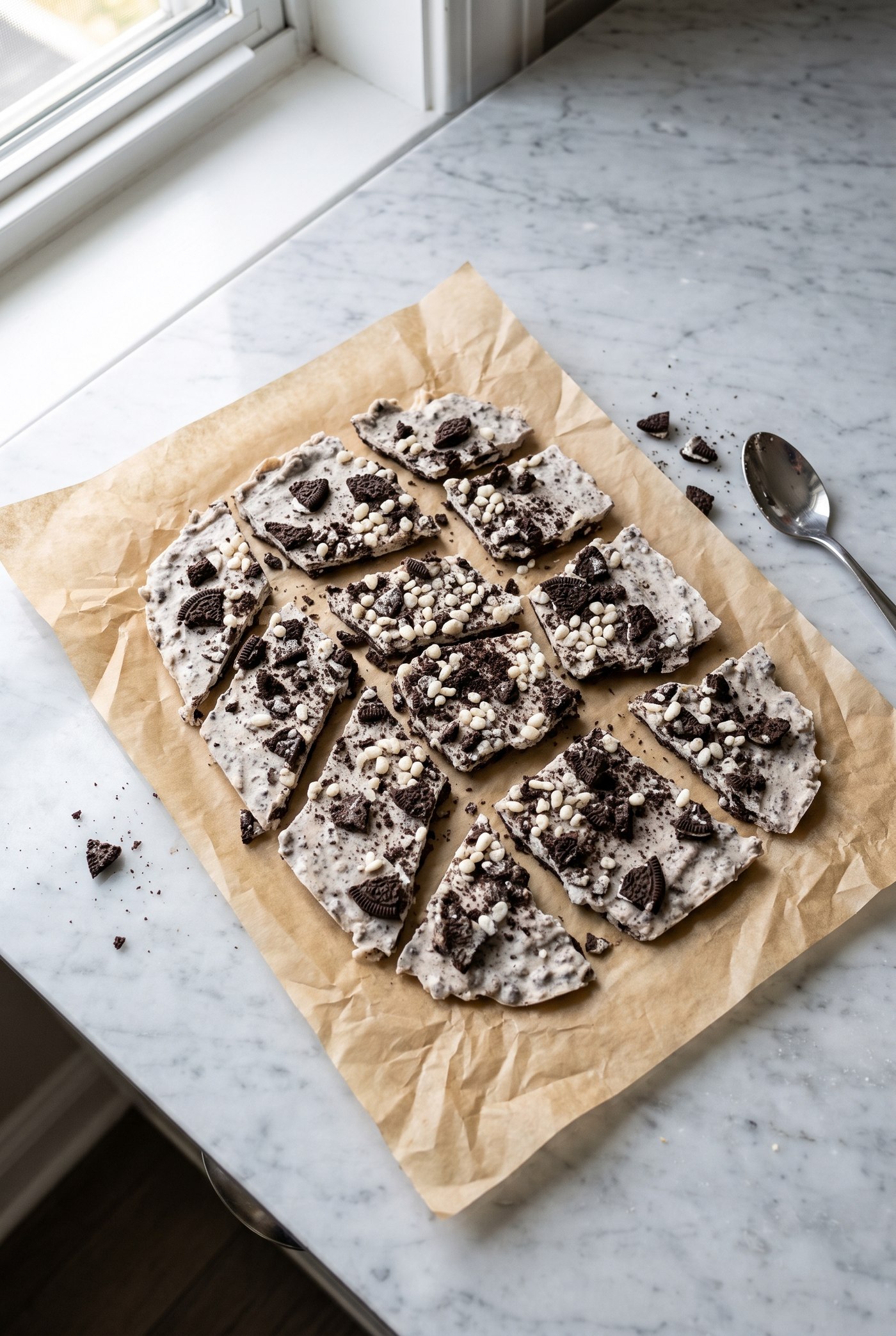 Broken pieces of cookies and cream protein bark with visible cookie crumbles