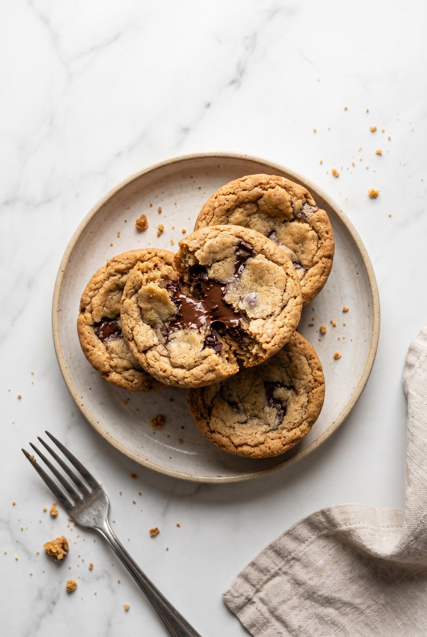 A single deep-dish chocolate chip cookie in a small ramekin with a gooey center
