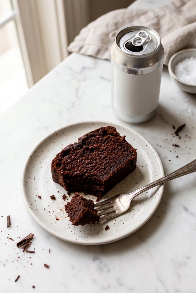 Sliced chocolate diet soda cake on a plate dusted with cocoa powder