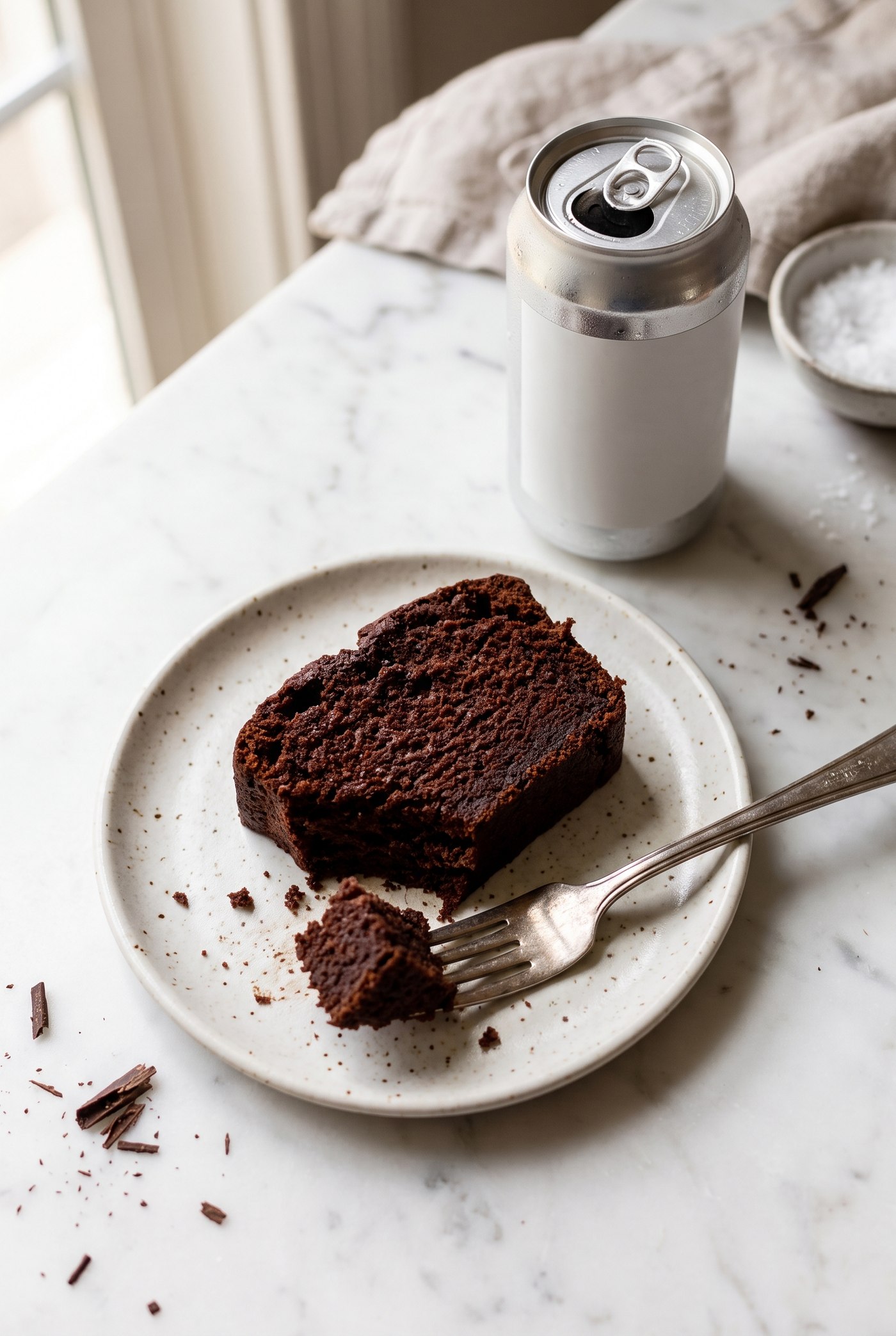 Sliced chocolate diet soda cake on a plate dusted with cocoa powder