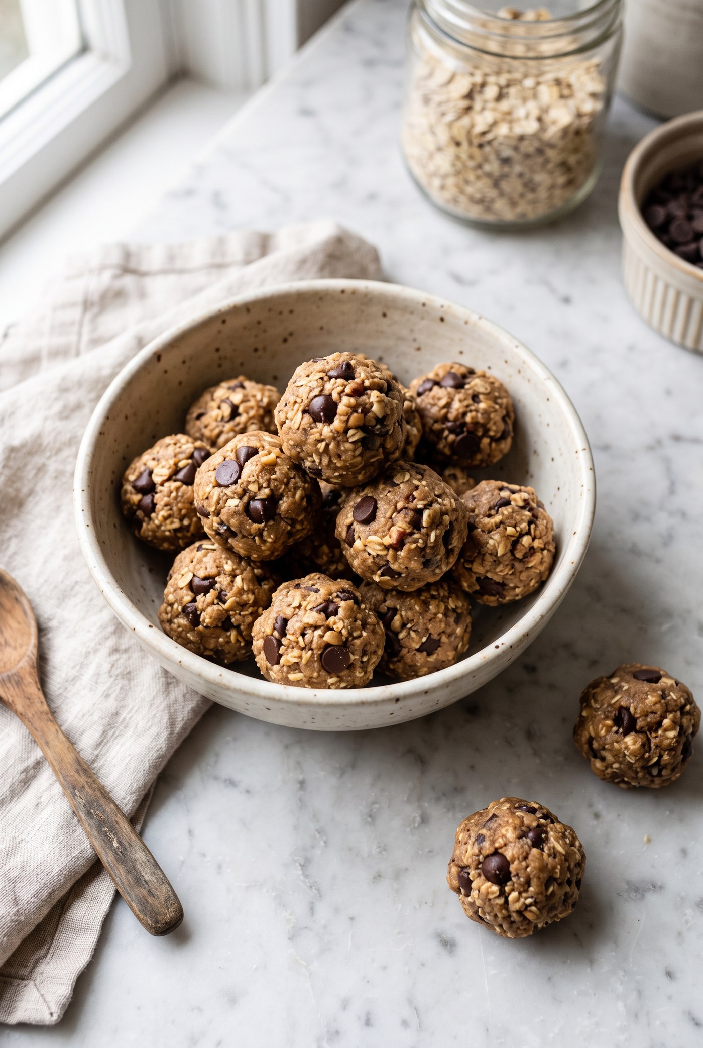 Bowl of edible protein cookie dough studded with mini chocolate chips, with two rolled bites beside the bowl