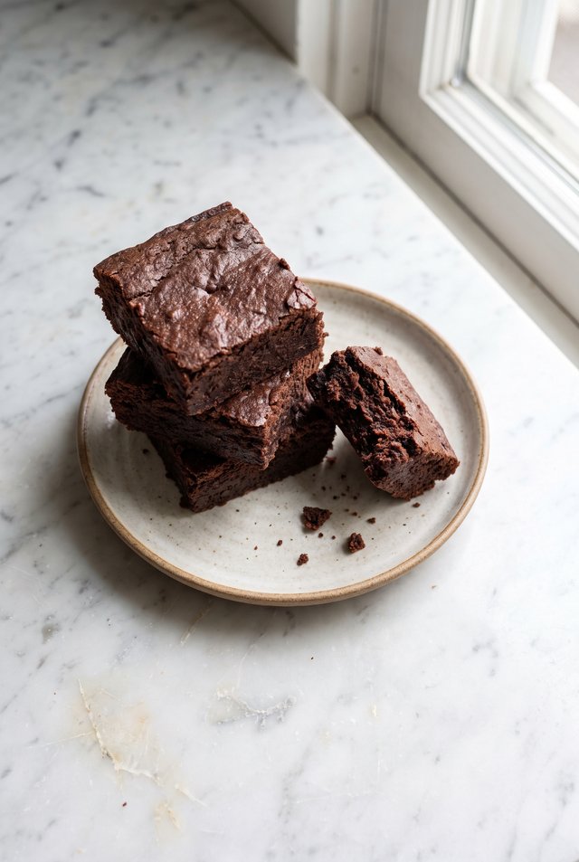 Stack of fudgy black bean brownies on a white plate with one leaning slice showing the dense crumb