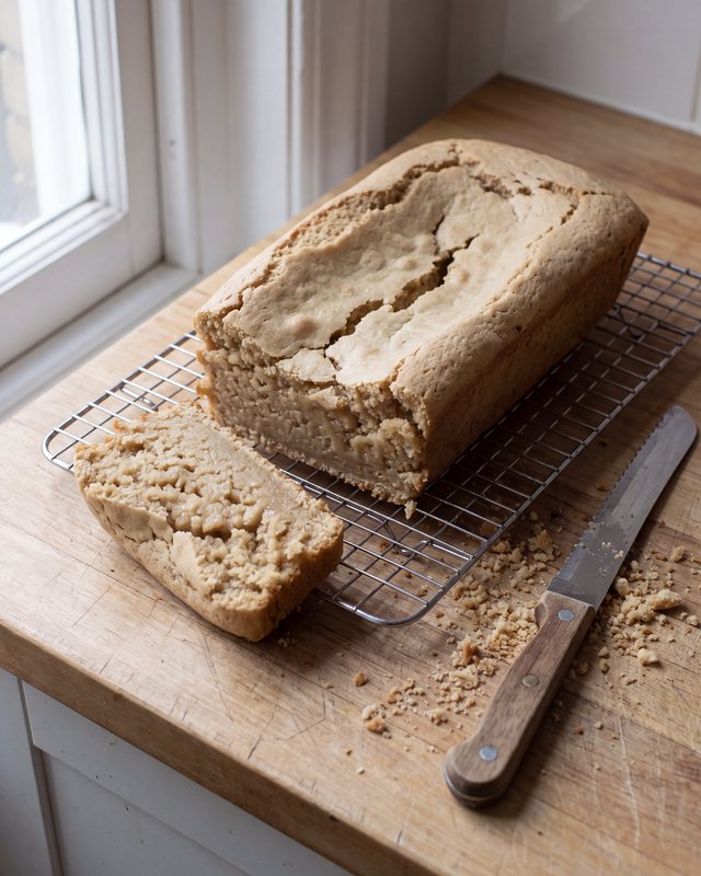 A sunken cracked loaf cake cooling on a rack with one slice cut showing a dense middle