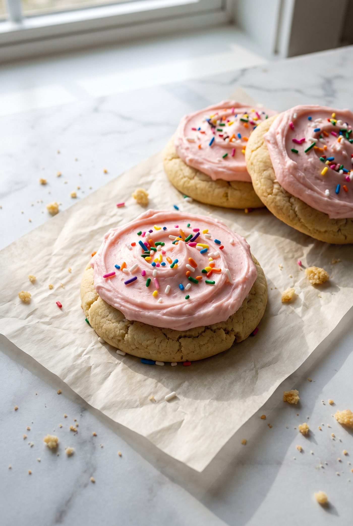 A thick, frosted low-sugar copycat cookie sliced in half to show the soft center