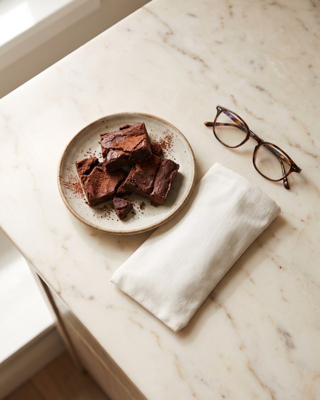 Cocoa-dusted dark chocolate brownie pieces on a ceramic plate beside a plain unprinted pouch and folded reading glasses on a marble counter