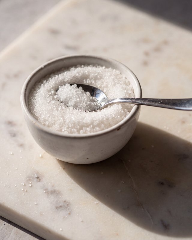 A small ceramic bowl of coarse white granulated sweetener on a marble board with a metal spoon resting in it