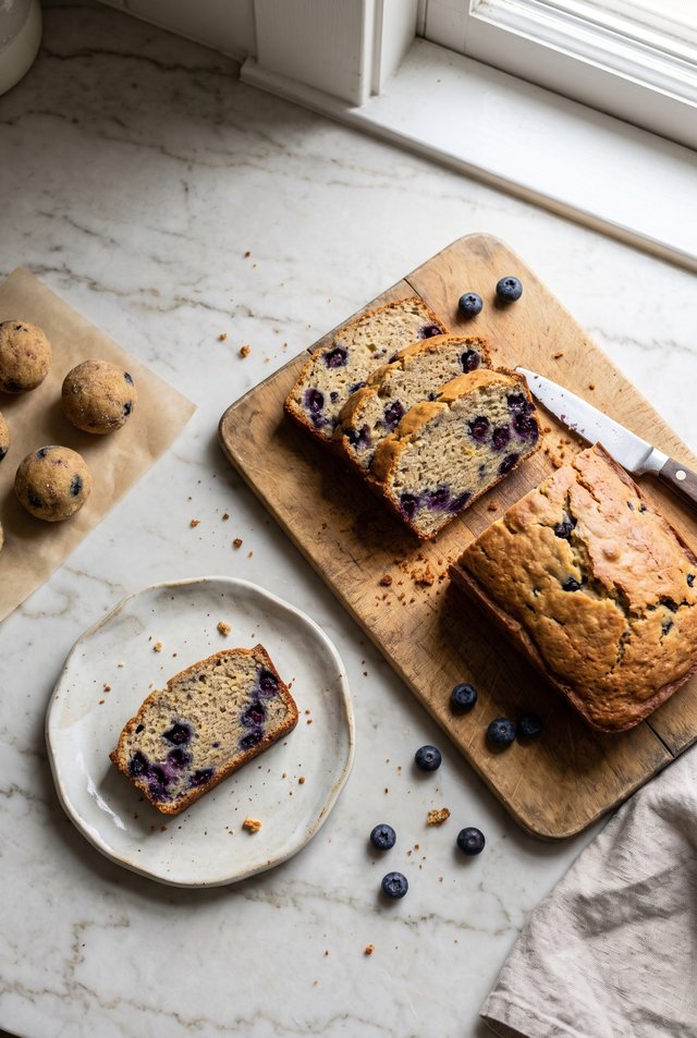 Sliced lemon blueberry protein loaf on a wooden board with fresh blueberries scattered around and a knife resting beside it