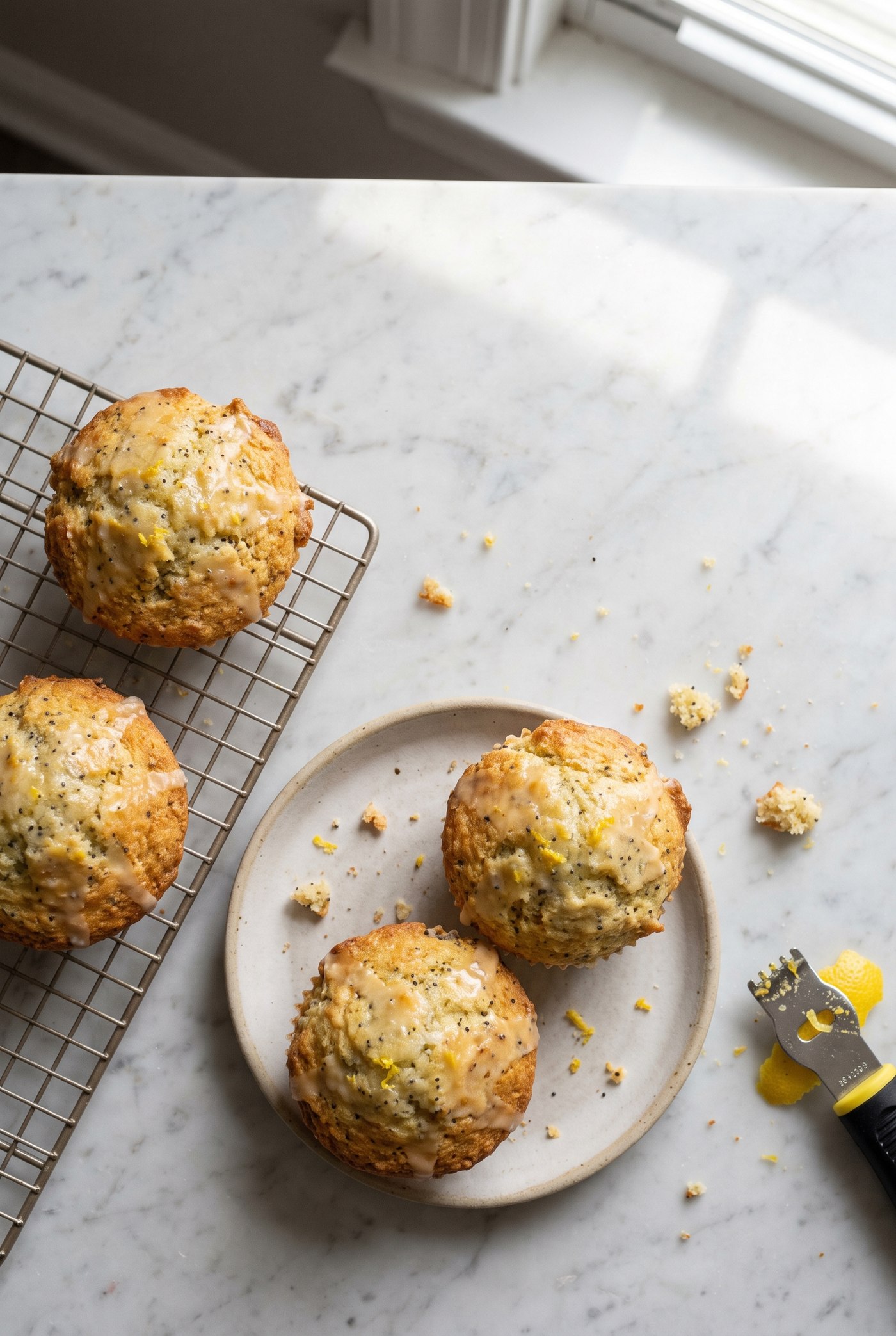 Lemon poppyseed muffins in liners with visible poppy seeds and lemon zest