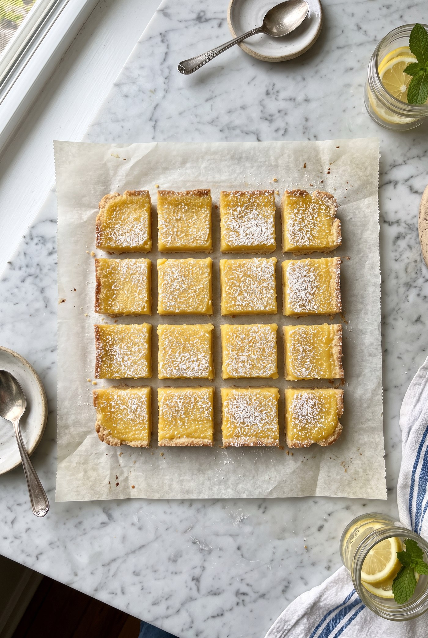 Stacked lemon bars dusted with powdered sweetener on a white plate