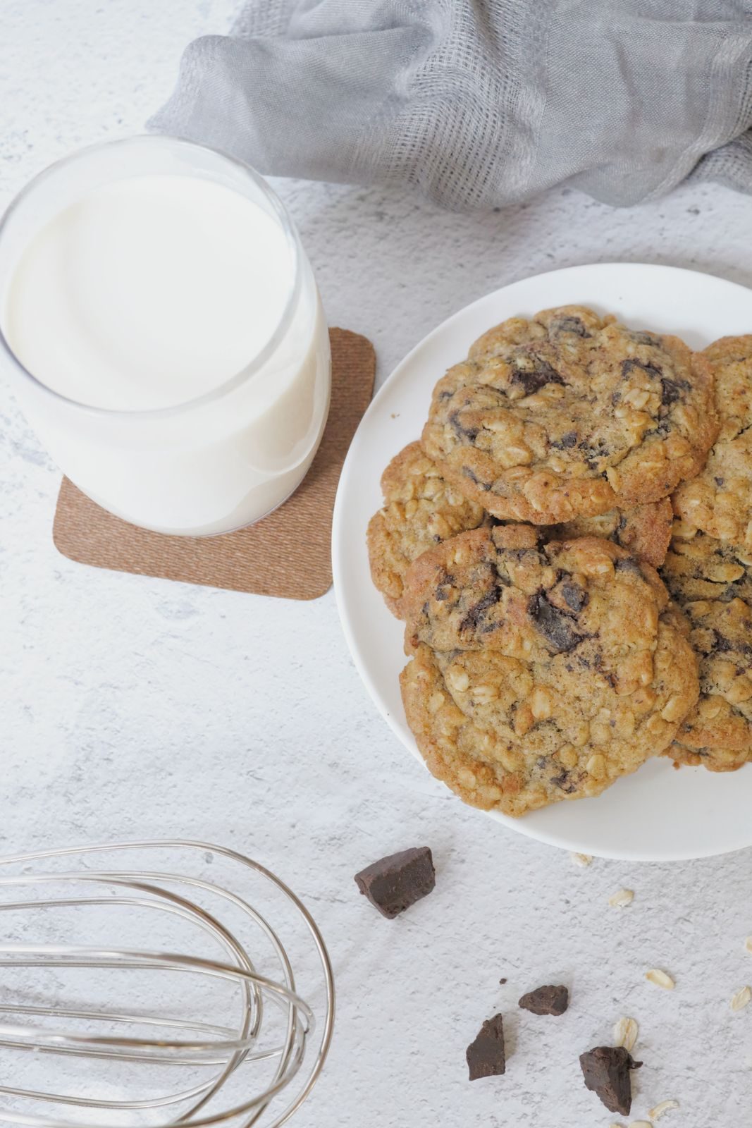 A stack of soft, chewy low-calorie oatmeal cookies studded with dark chocolate chips
