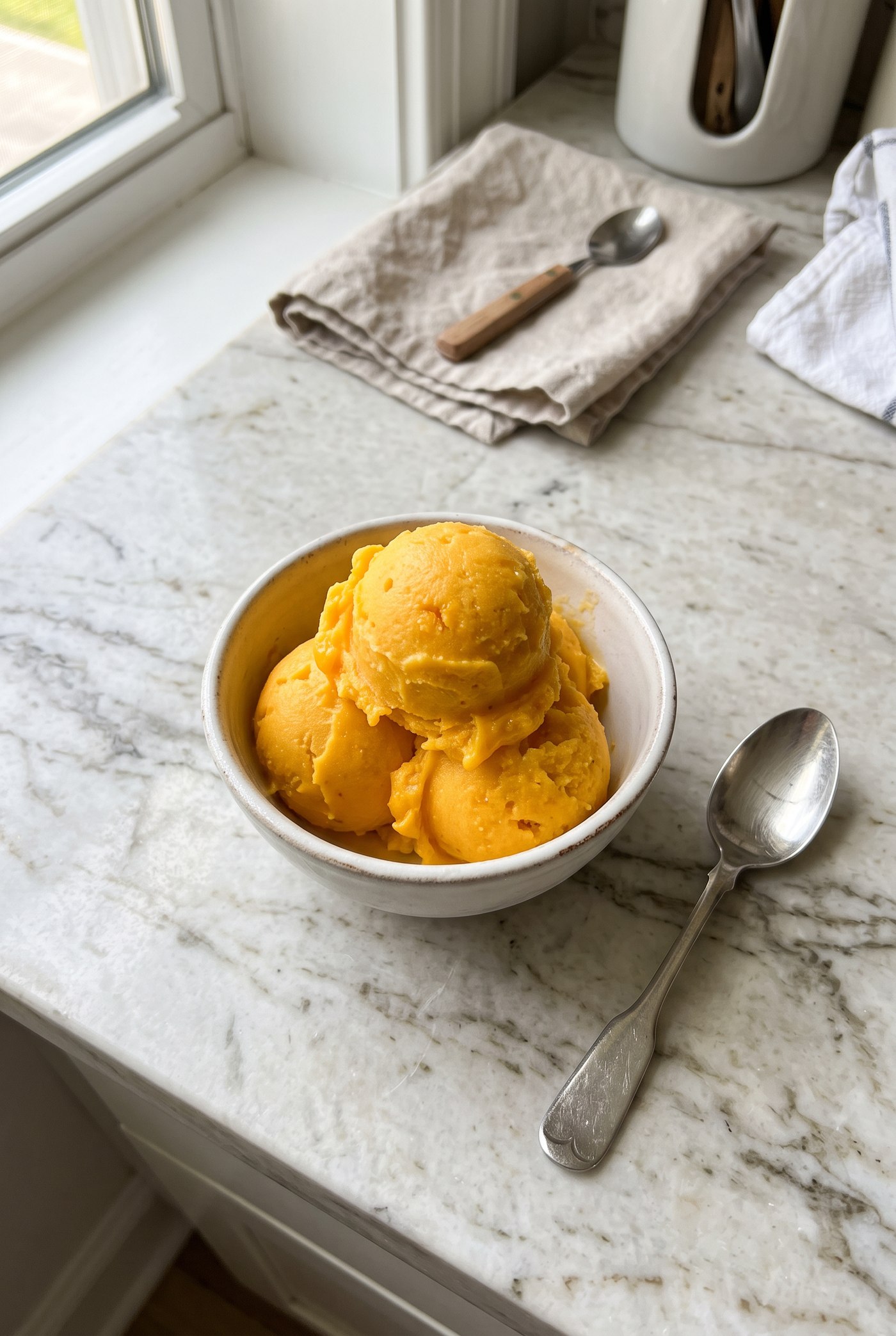 Bowl of mango frozen yogurt topped with fresh mango pieces