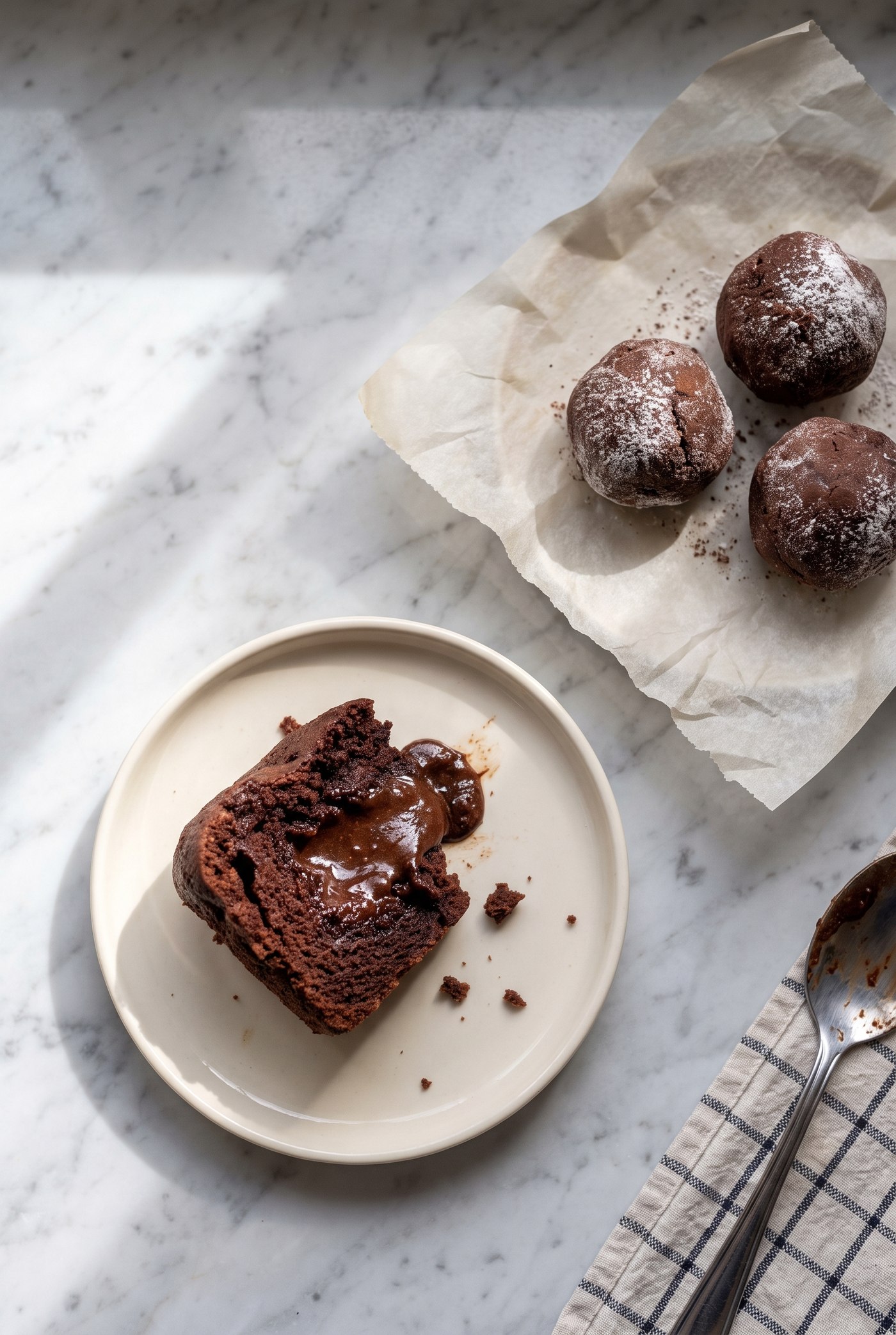 Molten chocolate mug cake on a plate with warm chocolate spilling out, plus three cocoa-dusted cake bites in the background