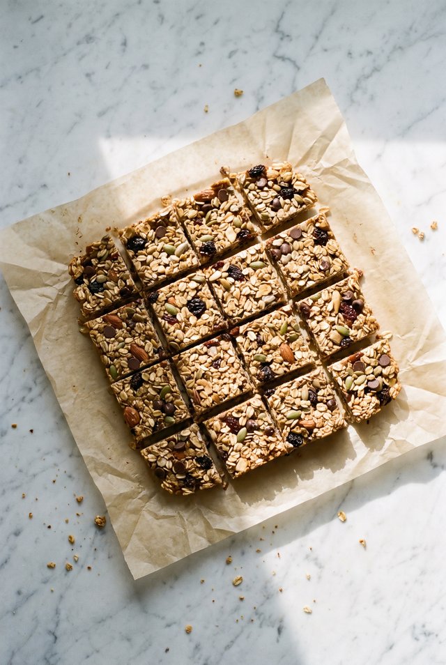 Stacked no-bake granola bars on parchment paper with oats scattered around
