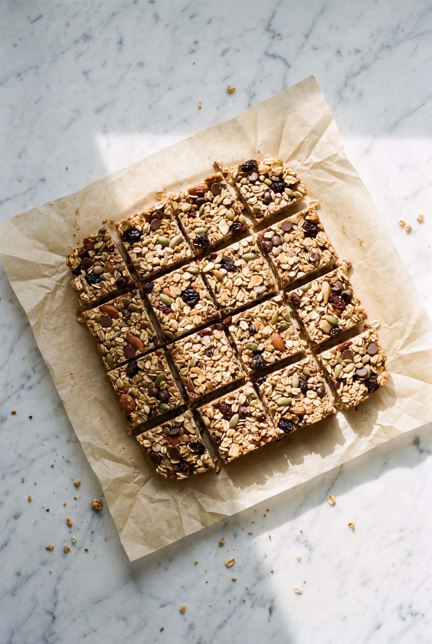 Stacked no-bake granola bars on parchment paper with oats scattered around