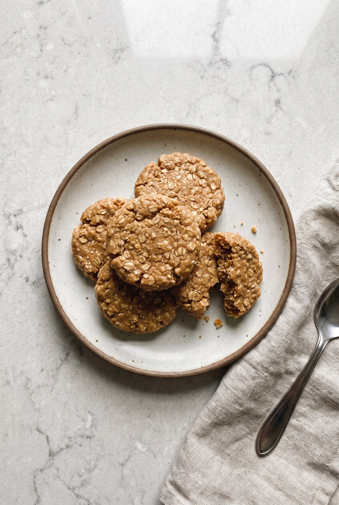 Pile of no-bake peanut butter cookies on a white plate with a linen napkin, one cookie broken to show the oat texture