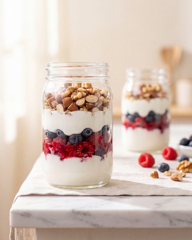 Two glass jars layered with thick plain yogurt, raspberries, blueberries and chopped walnuts on a marble counter