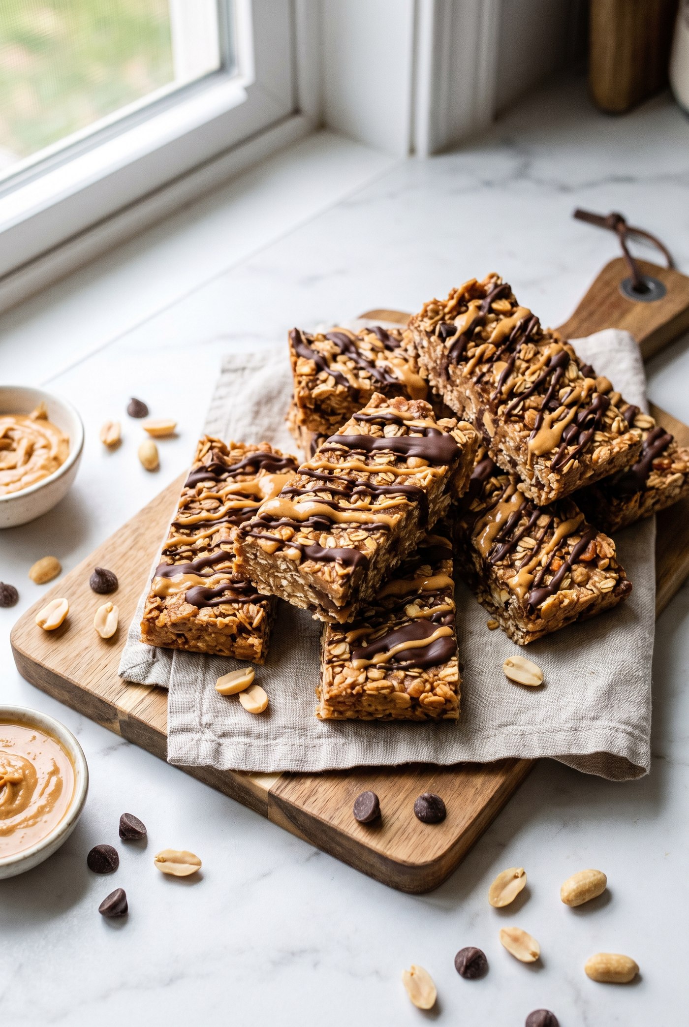 Stacked peanut butter protein bars with a chocolate shell, one cut in half