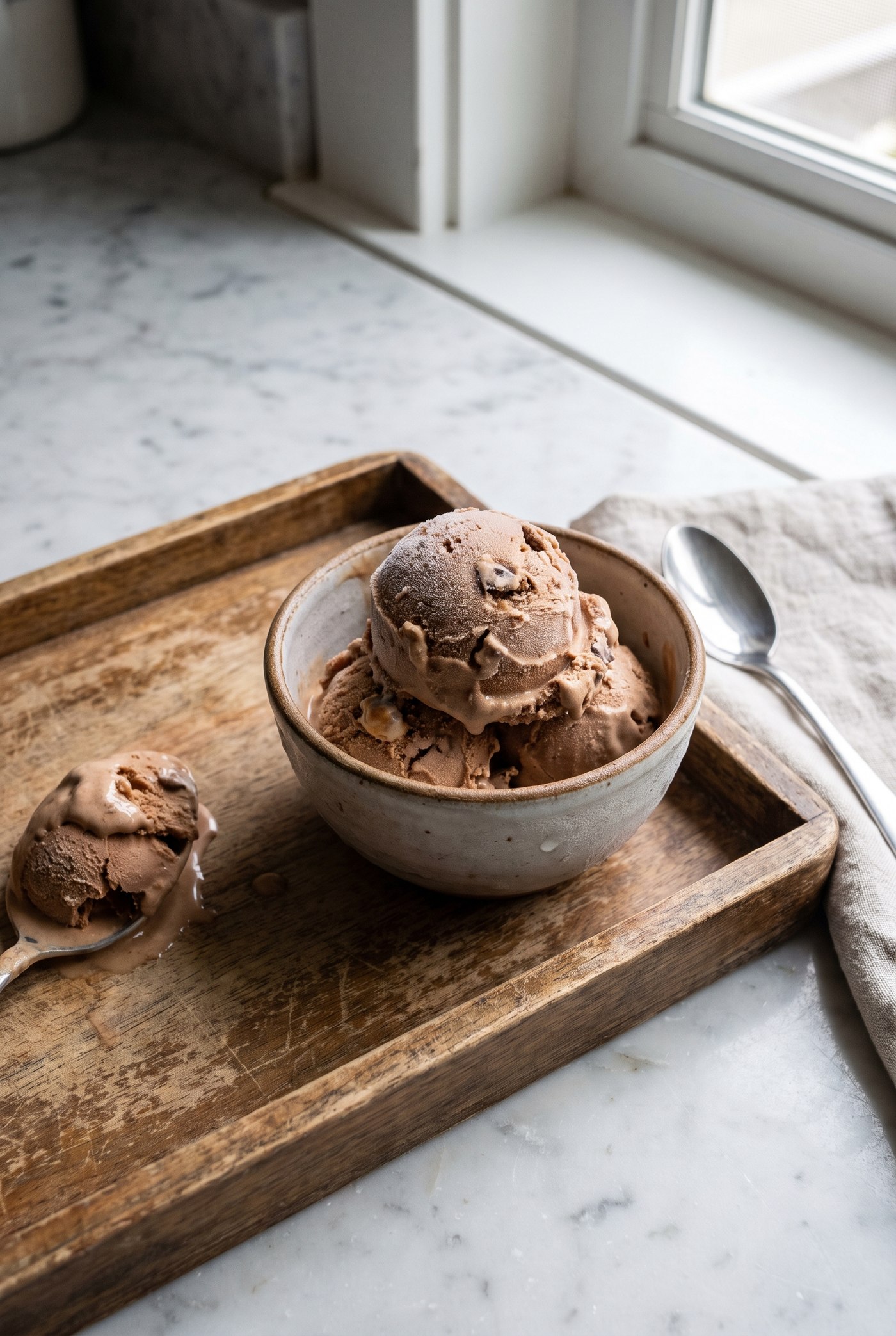 Scooped peanut butter chocolate protein ice cream in a bowl