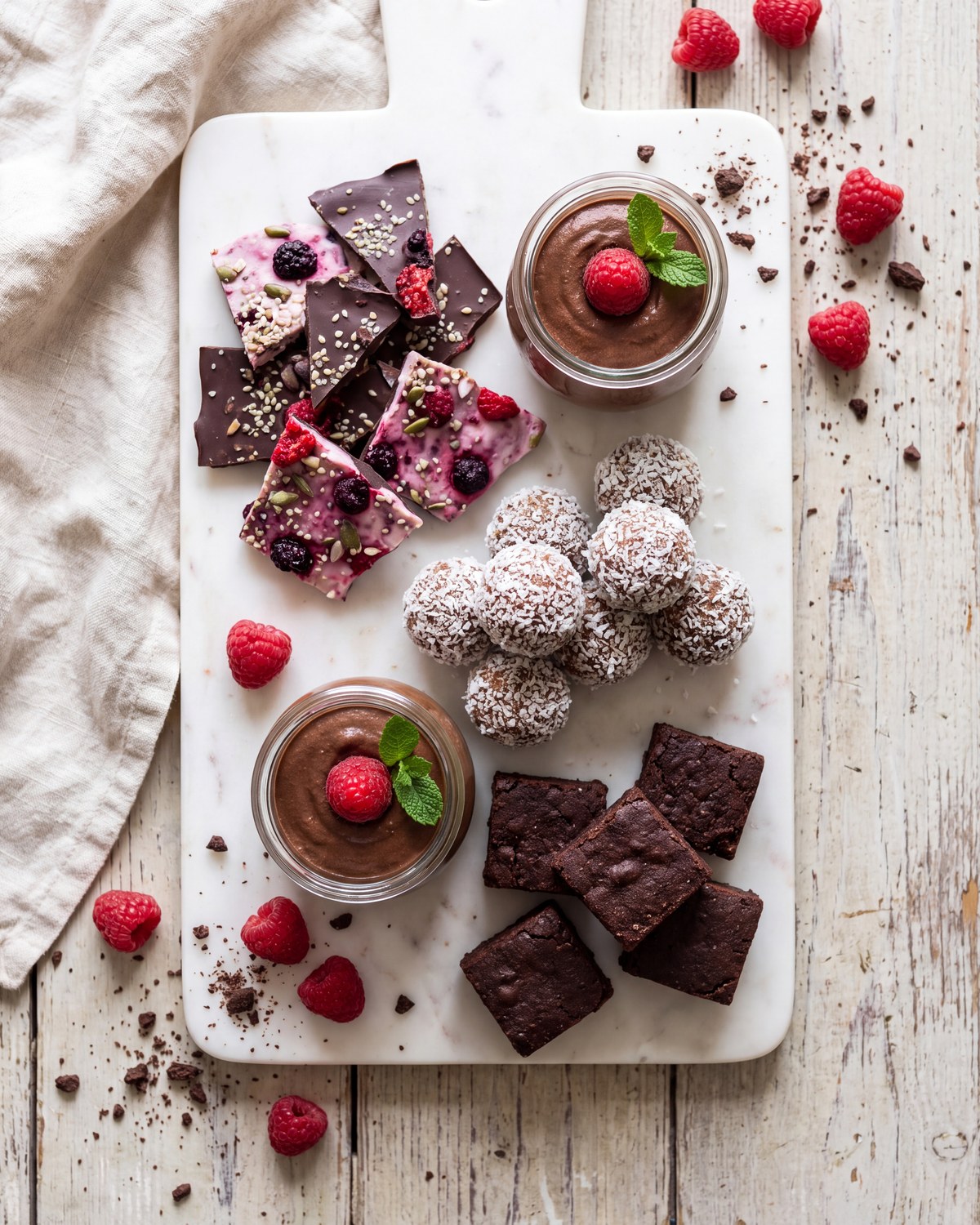 An assortment of small protein-forward desserts arranged on a marble board