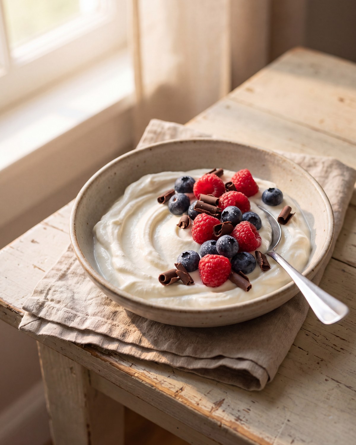 A bowl of thick Greek yogurt topped with berries and dark chocolate shavings in morning light
