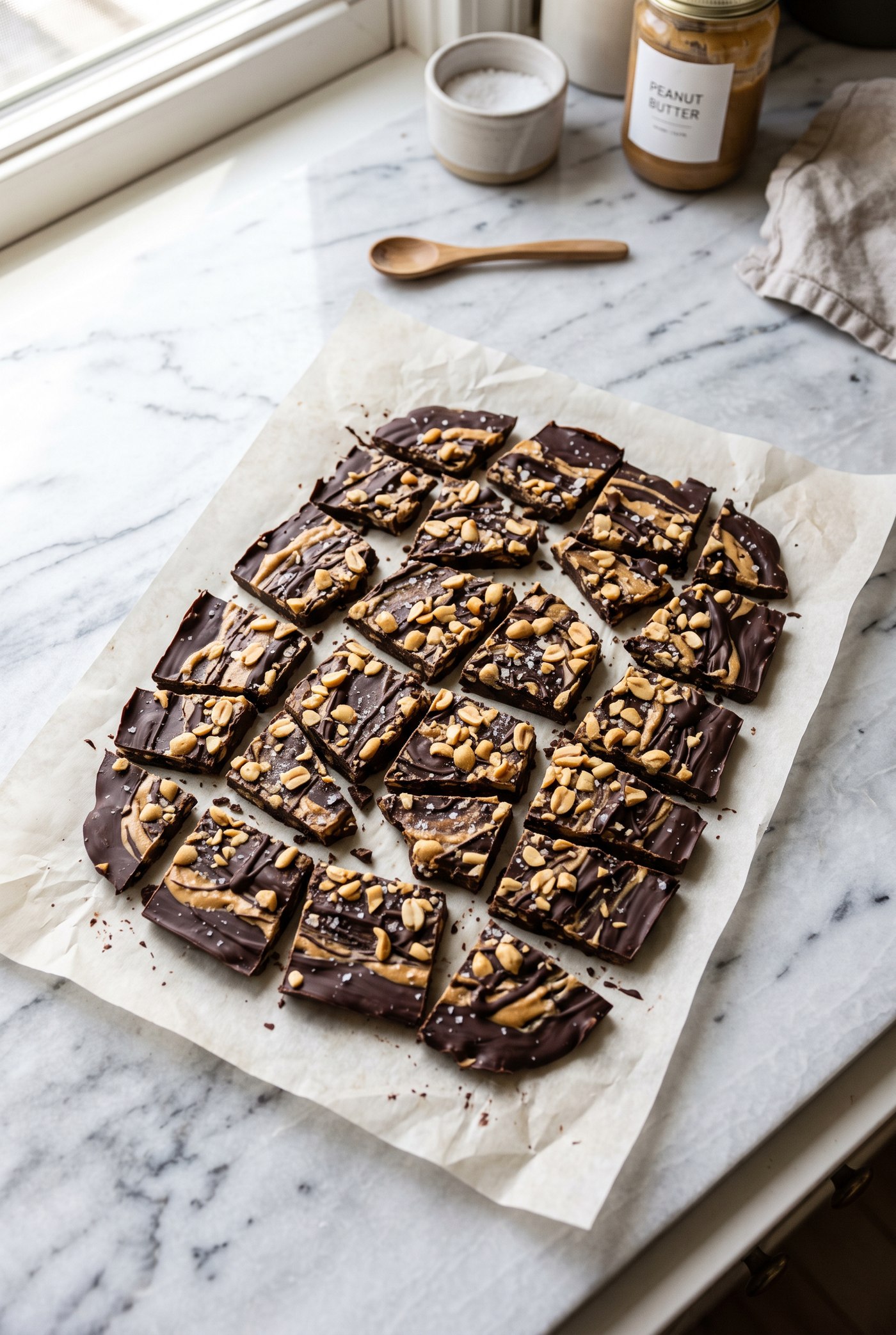 Overhead shot of peanut butter swirled yogurt bark topped with peanuts, cut into pieces on parchment paper