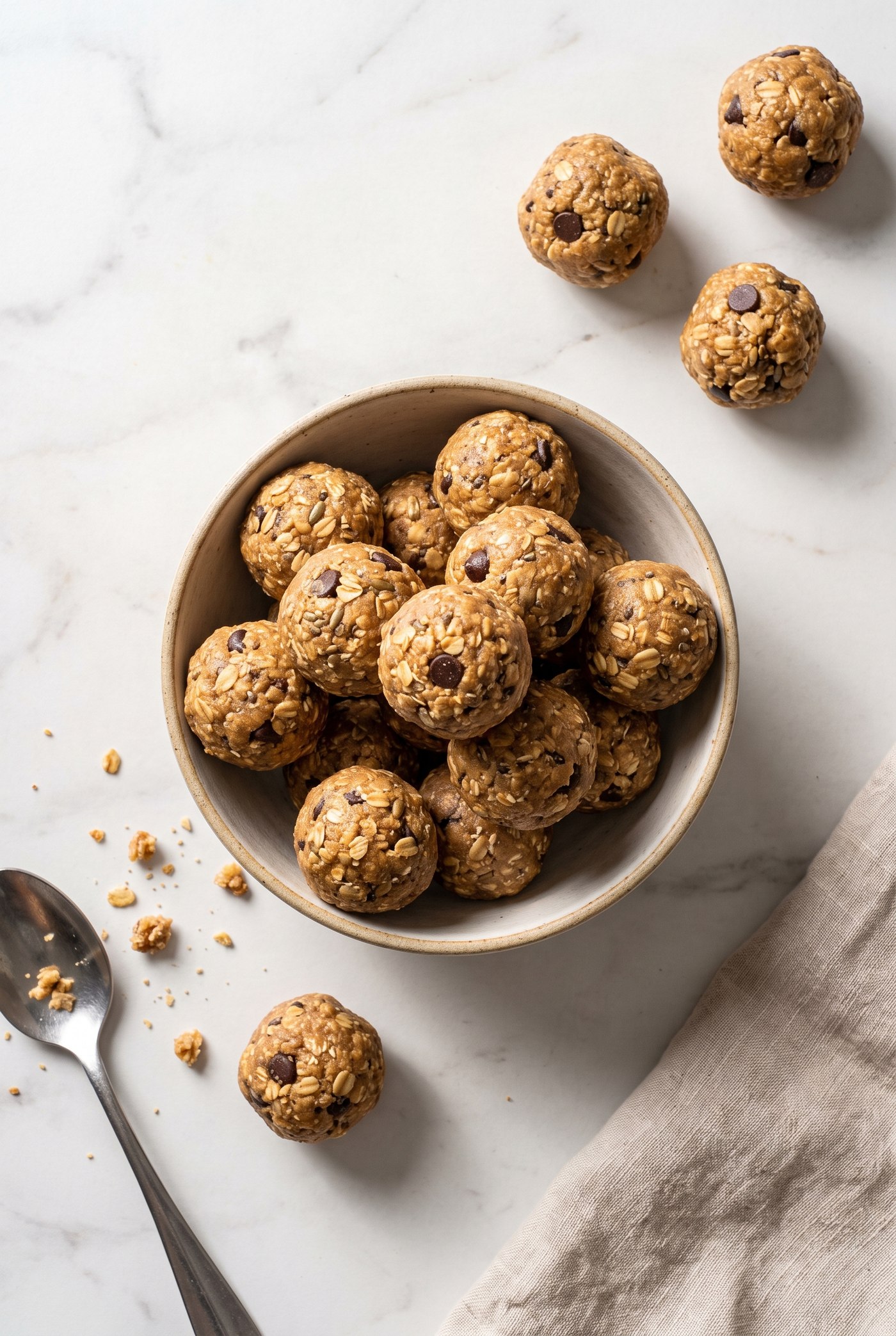 Peanut butter protein balls stacked on a plate with a bite taken out of one