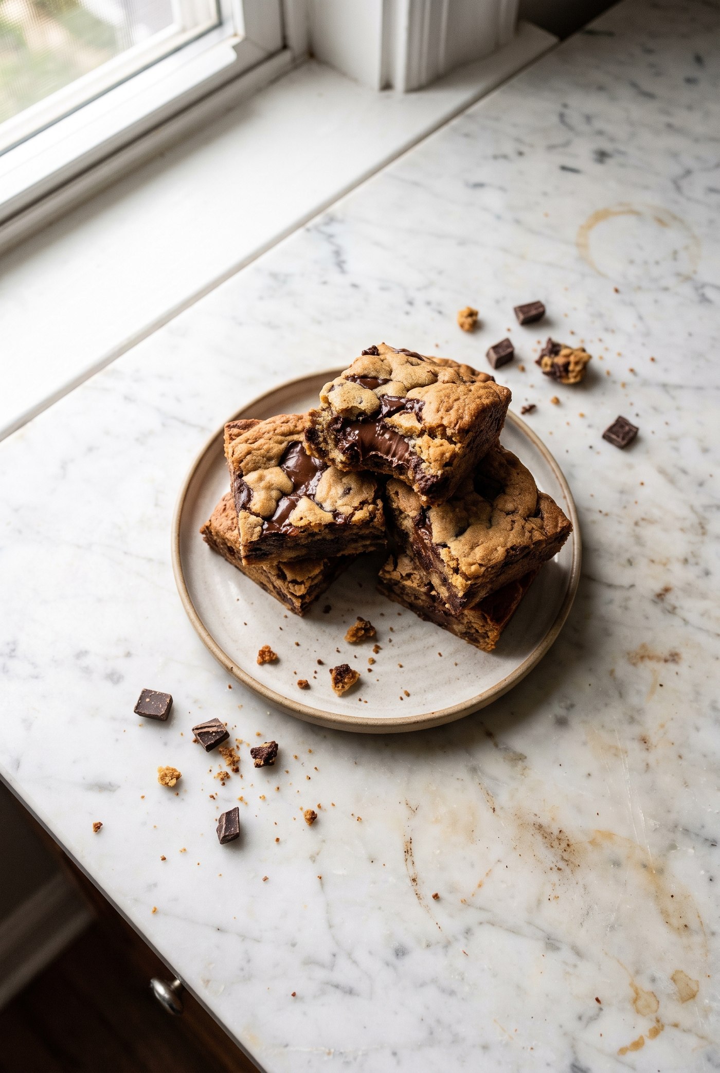 Stack of protein brookies showing the fudgy brownie and cookie layers