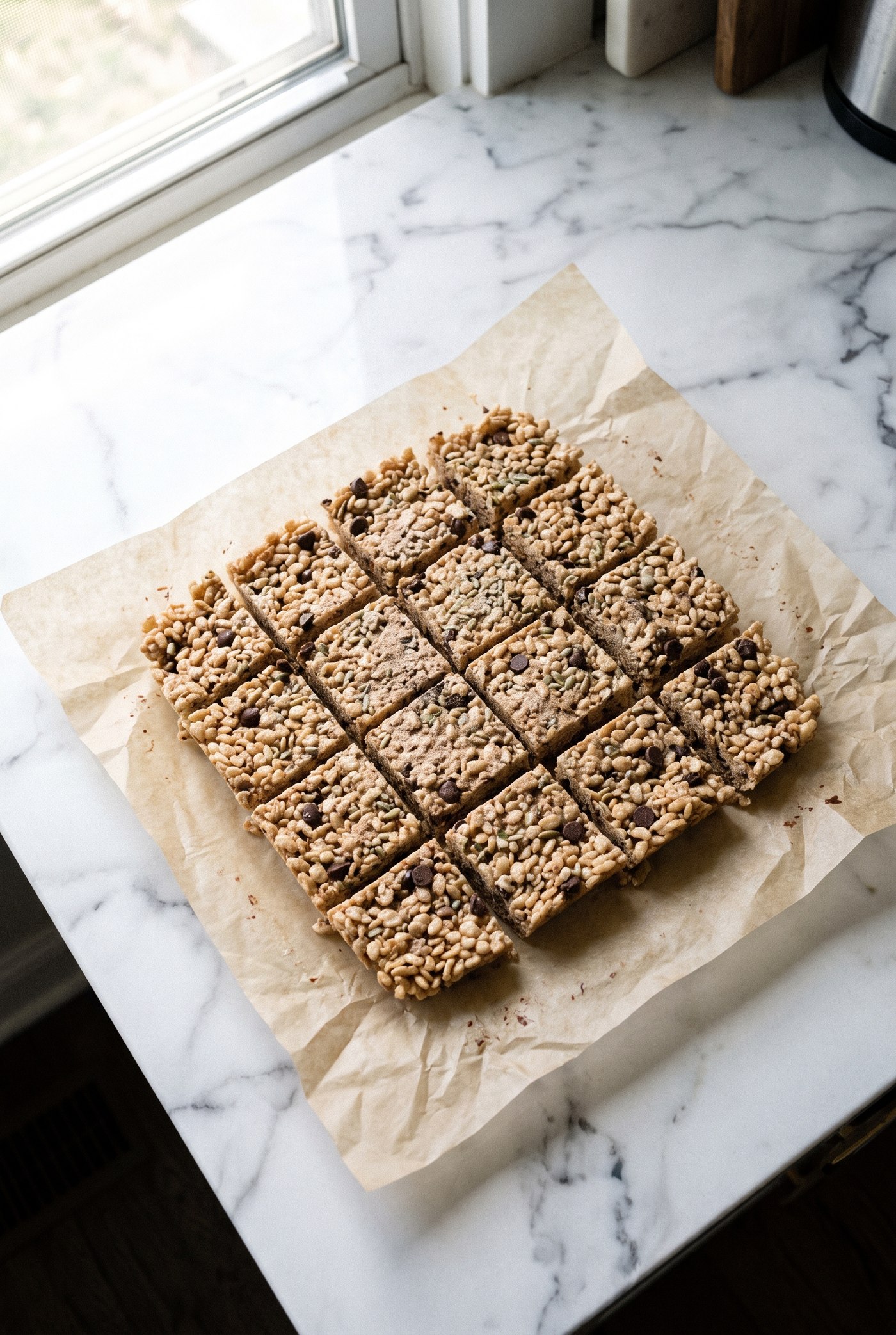Square protein rice krispie treats cut into bars on brown parchment paper by a sunlit window