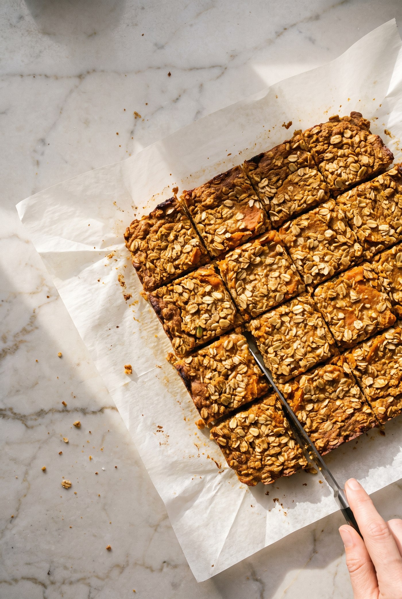 Stacked pumpkin oat bars on a wooden board with a fall spice dusting