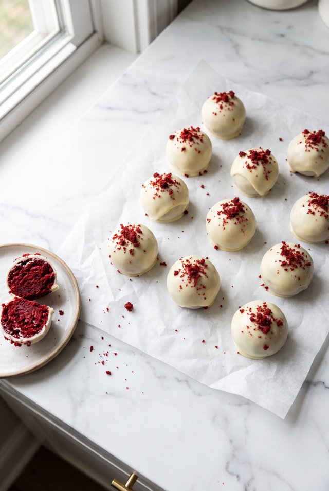 Red velvet cake balls coated in white chocolate on a plate