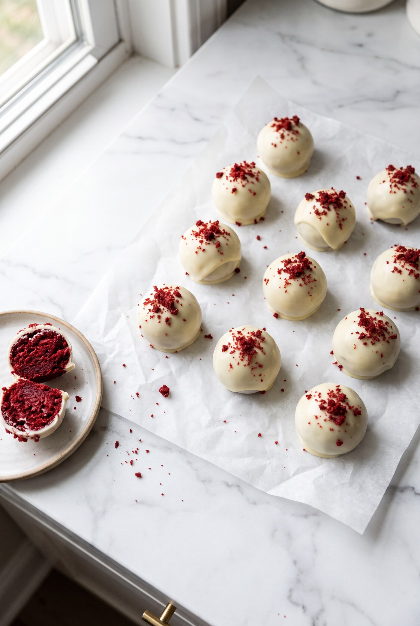 Red velvet cake balls coated in white chocolate on a plate