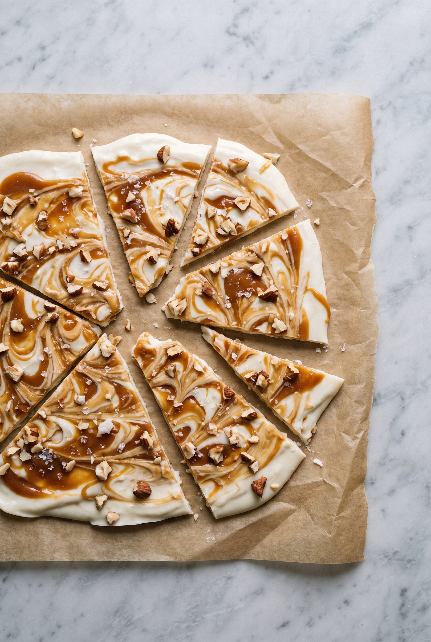 Broken pieces of salted caramel yogurt bark with caramel swirls visible