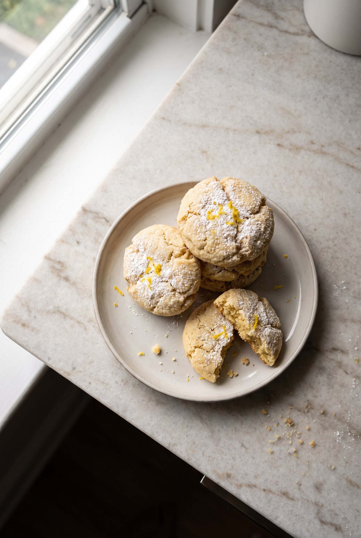 Soft glazed lemon cookies stacked on a plate with lemon zest scattered around